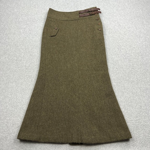 Ralph Lauren Dresses & Skirts - VTG Ralph Lauren Skirt Womens 2 Green Wool Maxi Leather Buckle Tweed Equestrian